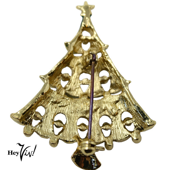 Vintage Enamel and Rhinestone Christmas Tree Pin Holiday Brooch 2.25" - Hey Viv - Picture 6 of 7